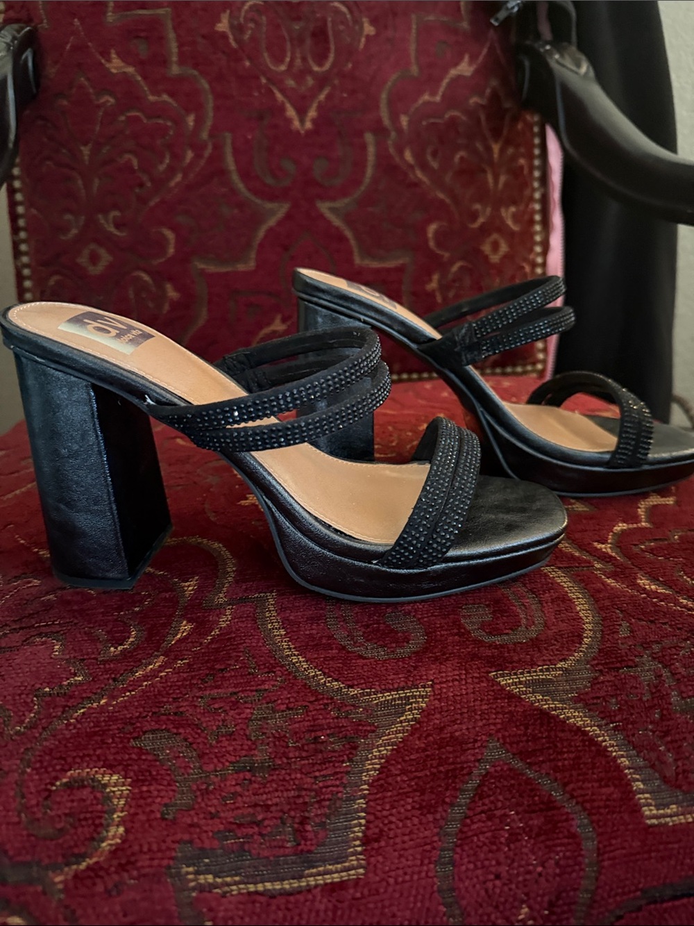DV by Dolce Vita Black Block Heel Slide Sandals with Double Straps